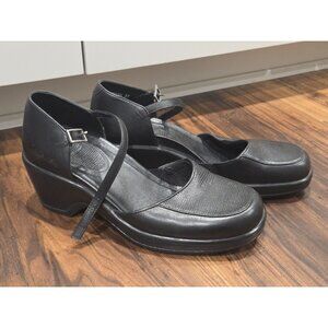 Dansko Mary Jane Wedge Ankle Strap Heels Leather Black Women 37 6.5/7 Stretch